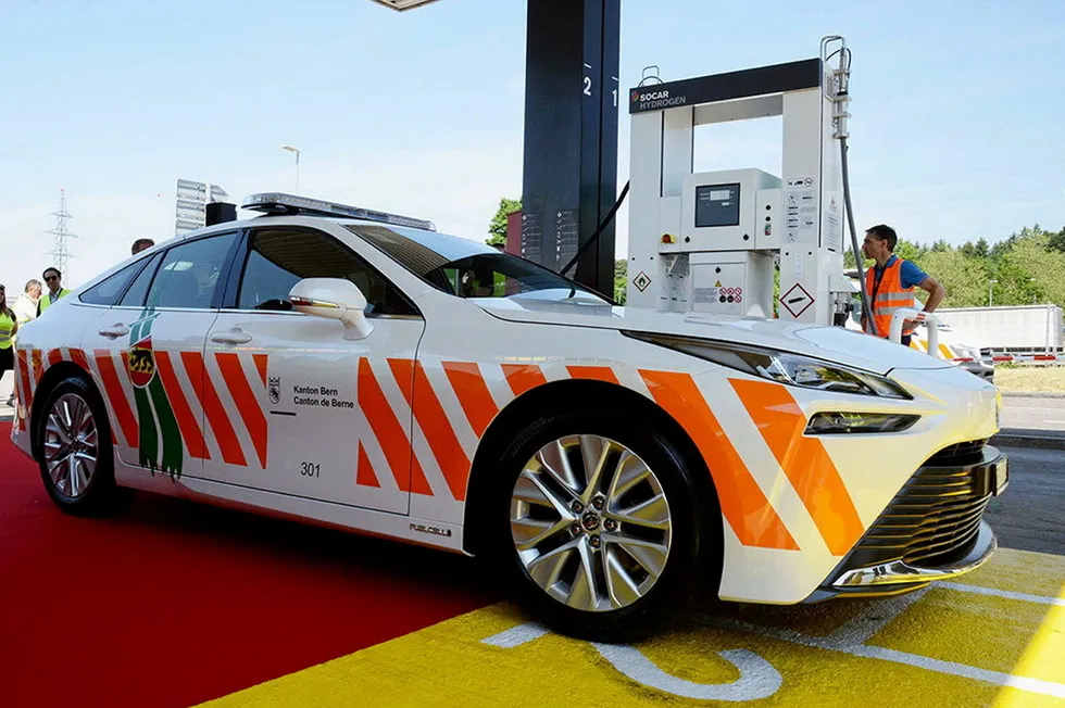 A Toyota Mirai FCEV being filled with hydrogen in Switzerland.