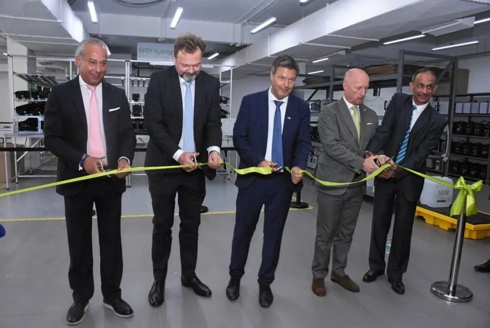 German minister Robert Habeck (centre) and SFC Energy CEO Peter Podesser at the opening ceremony of the manufacturing site in India.
