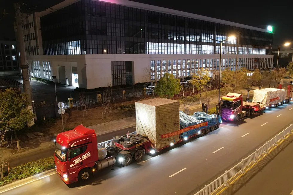 The 5MW CPU electrolysis system, consisting of a balance of plant unit and the stack, heading for installation in Suzhou.