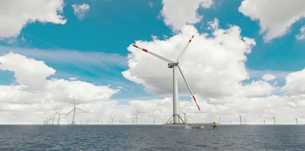 CGI of an array of Saitec SATH floating wind turbines