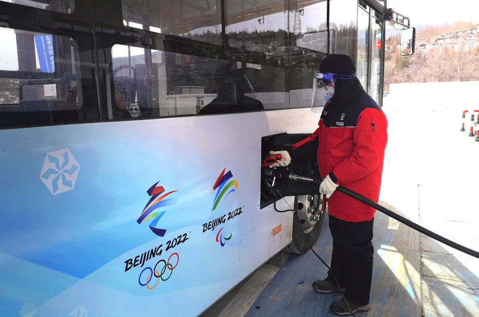 A hydrogen-powered Olympic bus being refuelled at a Sinopec filling station in Zhangjiakou in February this year.