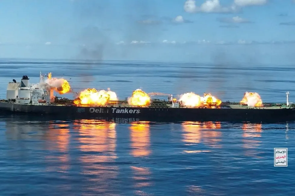 Explosions take place on the deck of the Sounion in the Red Sea after the attack.