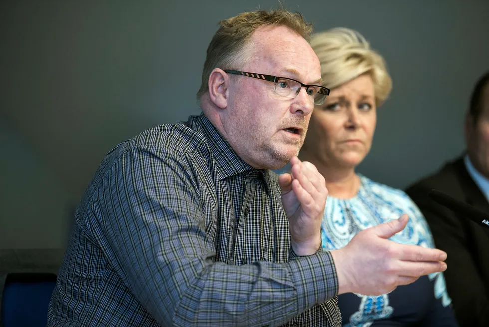 Siv Jensen og Per Sandberg holder pressekonferanse før Fremskrittspartiets landsmøte. Foto: Per Ståle Bugjerde