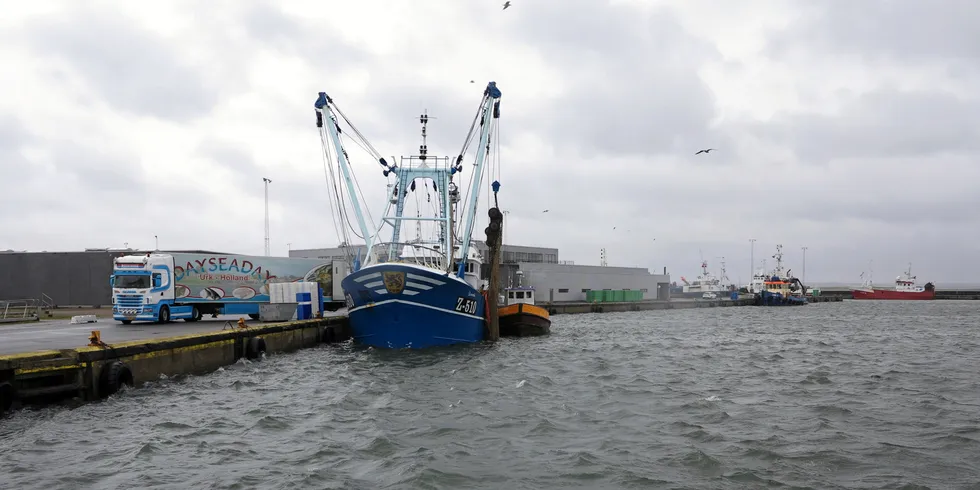 Den danske bomtråleren gikk til Thyborøn havn for å kvitte seg med torpedoen. (Båten på bildet er ikke den samme som fikk torpedoen om bord – red.anm.)