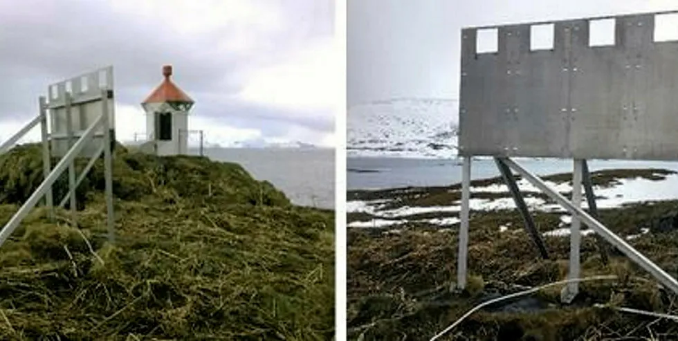 Frekke tyver har stjålet solcellepanelet på fyrlykta Karken på Sørøya i Finnmark. Bare opphenget står igjen.