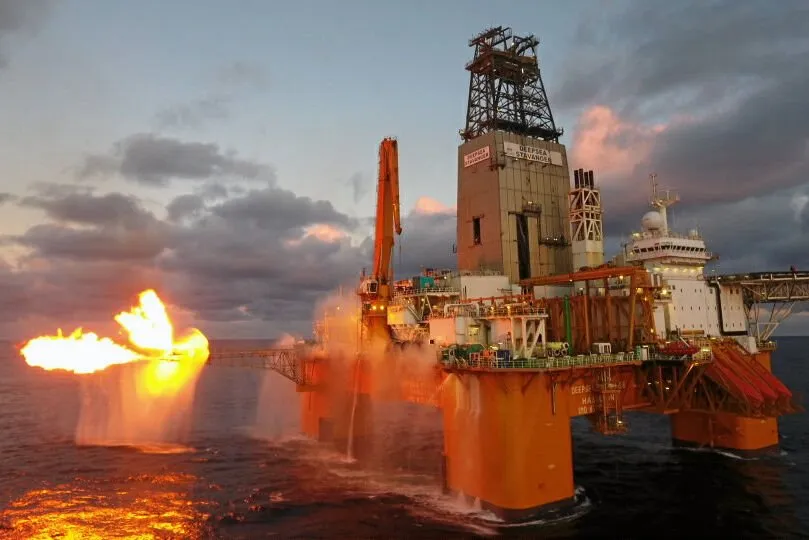 Gas is flared during a drill stem test on Luiperd-1X exploration well off South Africa which was drilled by Odfjell Drilling's Deepsea Stavanger semi-submersible.