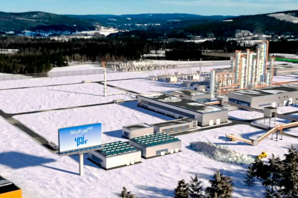 A computer-generated rendering of the SkyFuelH2 facility.
