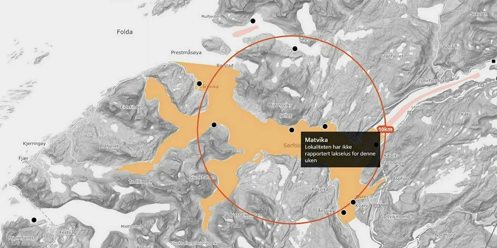 Lokaliteten Matvika drives av Mowi. Den ligger i Sørfold kommune i Nordland. Kartet er hentet fra BarentsWatch.no