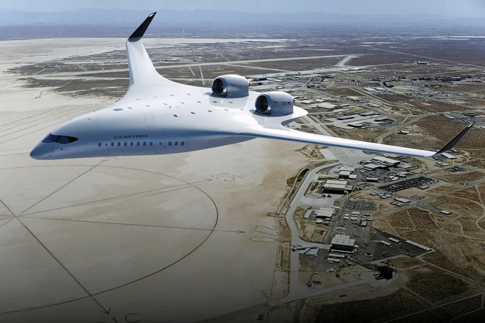 An artist's rendering of JetZero's blended-wing design in a commercial aircraft.