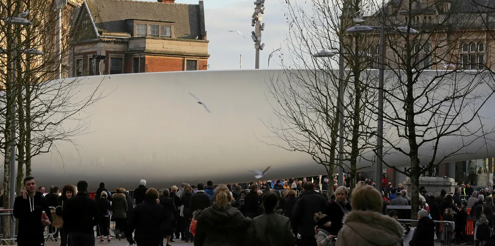 Offshore dominates onshore. An offshore turbine blade made at Siemens Gamesa's Hull, England, factory is used as an art installation in the city.