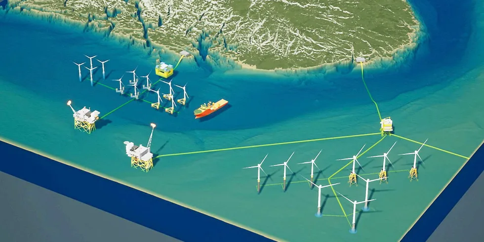 Illustrasjon som viser første fase av Sørlige Nordsjø II, der en radial til Norge er besluttet. Hybridkabel til Norge og Europa blir stadig mer aktuelt for senere faser.