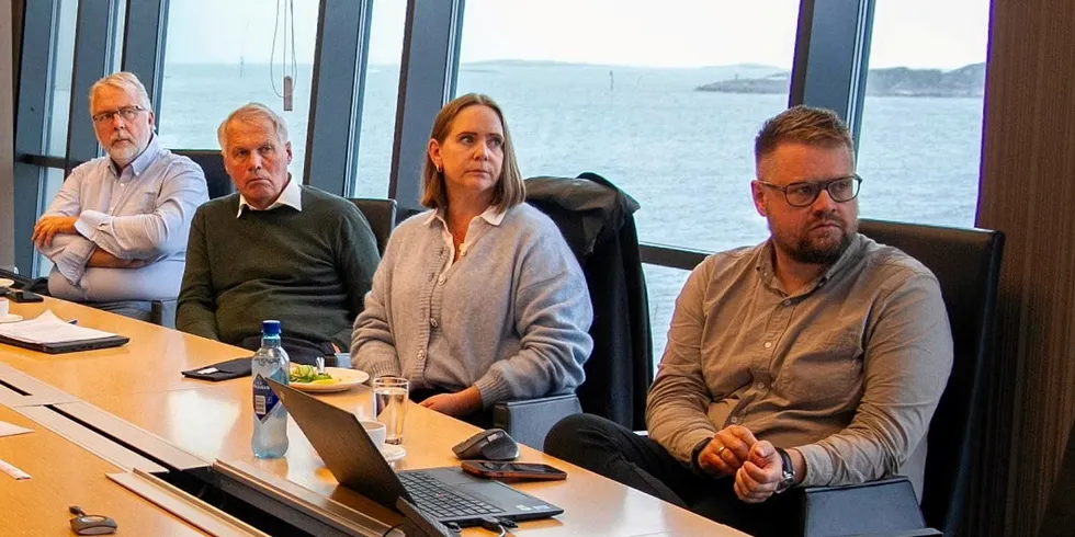 . Frøya-ordfører Kristin Strømskag hadde invitert sine partikolleger til Salmar i valgkampen. F.v.: Pål Sæther Eiden (H), Gustav Witzøe (styreleder Salmar), Kristin Strømskag og Runar Sivertsen (strategidirektør Salmar).