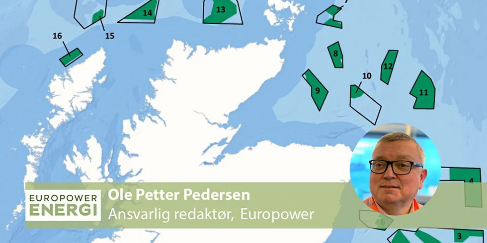 Grafikken viser plasseringen av de 17 skotske vindkraftprosjektene som ble tildelt en rekke ulike selskaper mandag denne uka. Maksimal kapasitet i prosjektene er hele 25 GW.