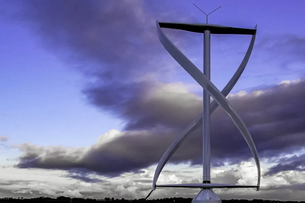 The low-maintenance two-bladed helical vertical axis wind turbine design comprises a rotor with a shaft connected to a brake and generator.