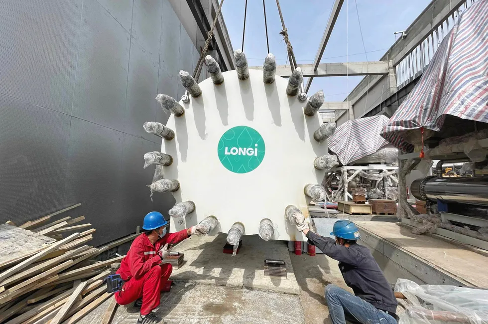 A Longi electrolyser stack being installed at the Qinghai Asia Silicon project in China.