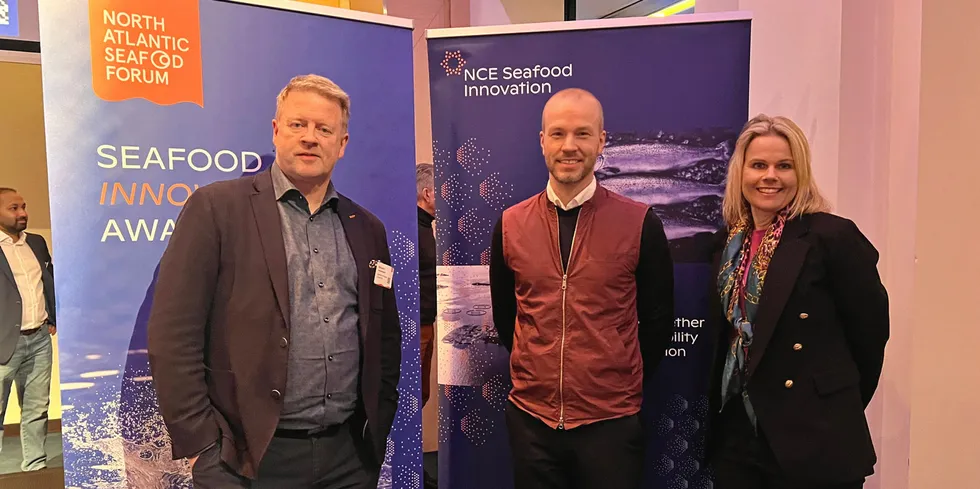 Björgolfur Hávardsson fra NCE Seafood Innovation, Brage Amundsen fra Remora Robotics og Nina Stangeland fra NCE Seafood Innovation.