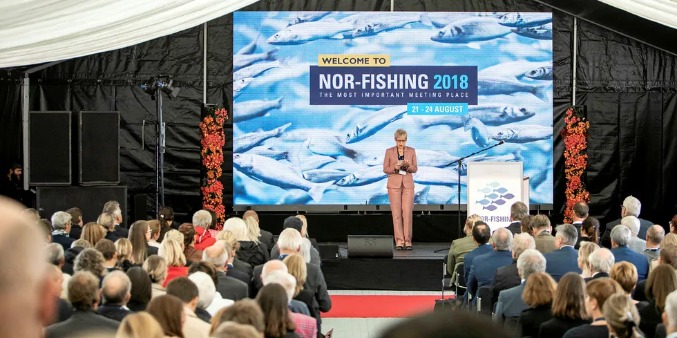 Styreleder Liv Holmefjord åpner utstyrsmessen Nor-Fishing i 2018. Pressefoto