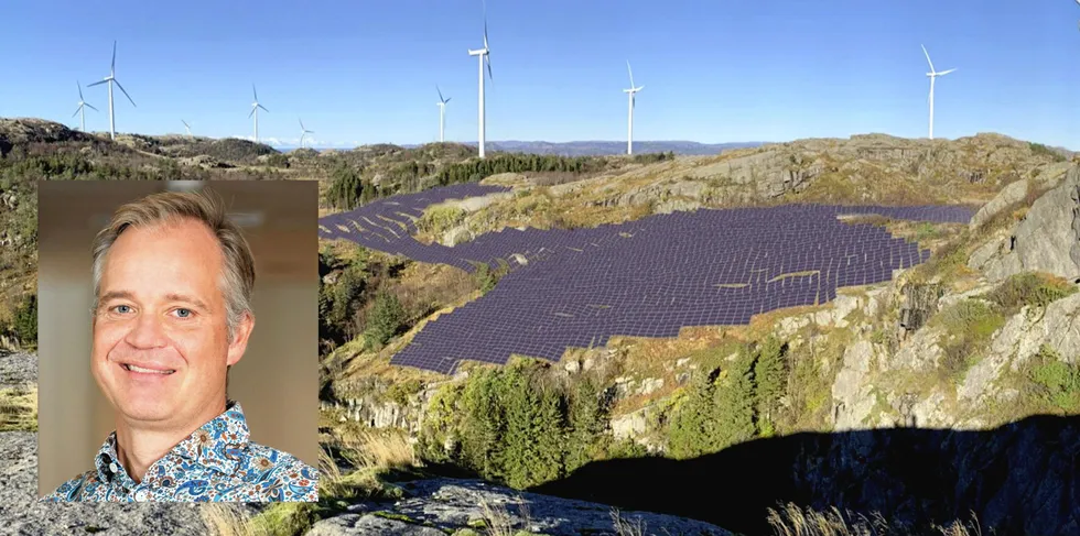 Bildet er en illustrasjon på hvordan vindkraft kan kombineres med solkraft. Eksempelet er hentet fra det planlagte Brunane hybridkraftverk i kommunene Nome og Drangedal.
