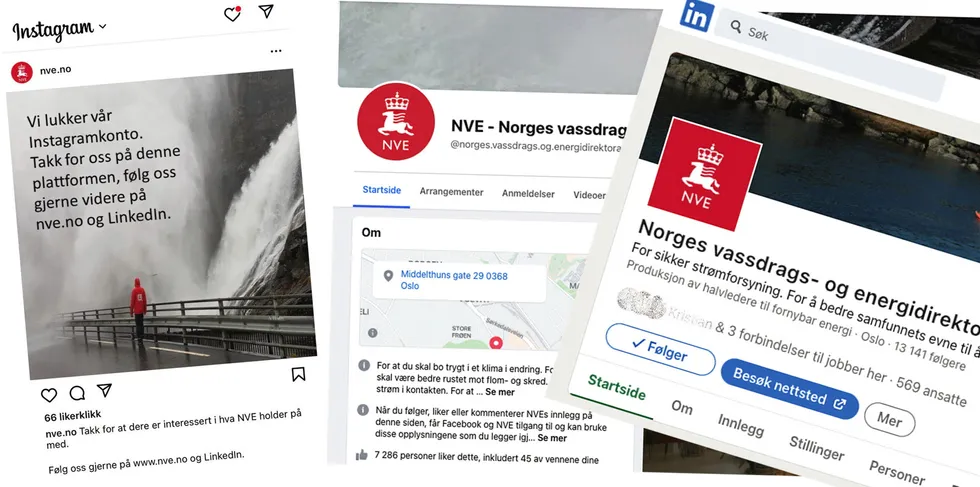 Slik ser NVEs sider på Instagram, Facebook og LinkedIn ut.