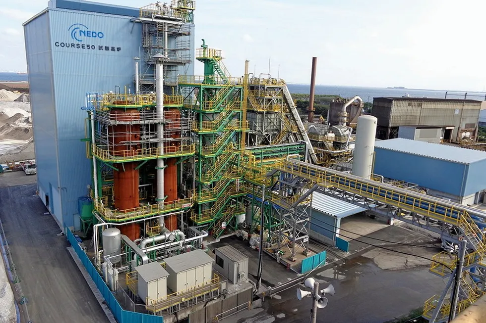 The small-scale test blast furnace at the East Nippon Works in Kimitsu.