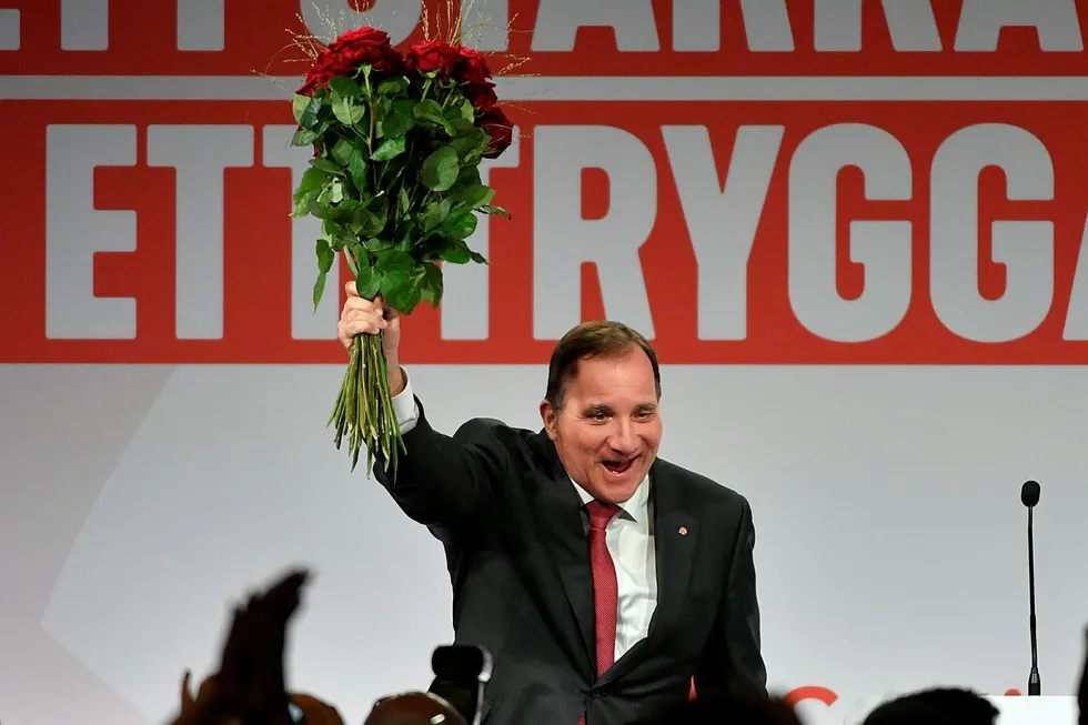 Sveriges statsminister Stefan Löfven på Socialdemokraternas valgvake søndag kveld.