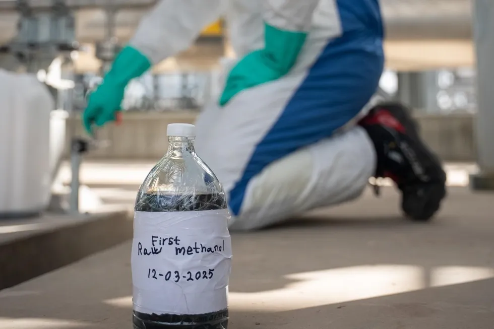 Bottle of raw methanol produced from green hydrogen and biogenic carbon dioxide at the Kassø plant in Denmark