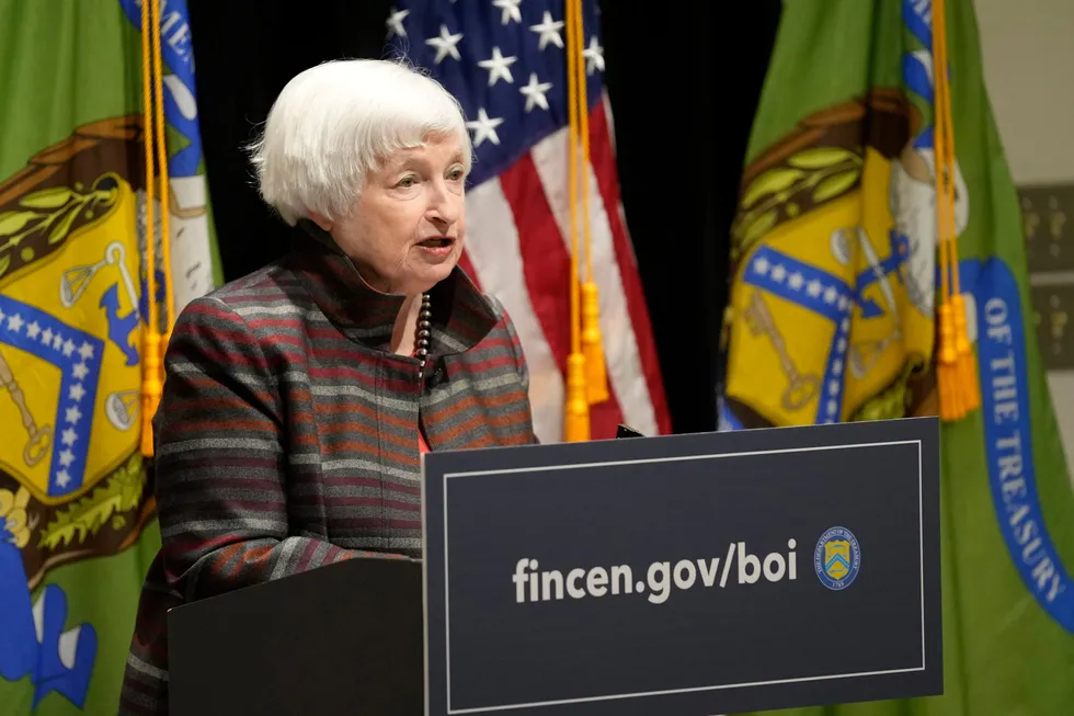 US Treasury Secretary Janet Yellen speaks during a visit to the Financial Crimes Enforcement Network (FinCEN) in Vienna, Va., on 8 January 2024.