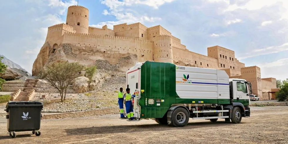 A refuse truck operated by national waste management company Be'ah — which has no connection to the H2-Industries project — outside Nakhal Fort in Oman.