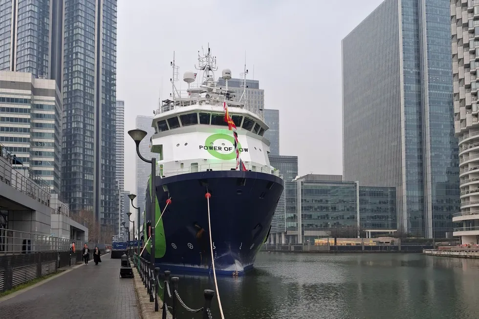 The Green Pioneer docked in Canary Wharf, London