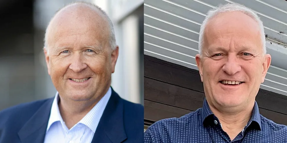 De to konsernsjefene Olav Linga (til v) fra Haugaland Kraft og Per Bjarne Mosdal fra Energiselskapet Odda har besluttet å slå seg sammen.