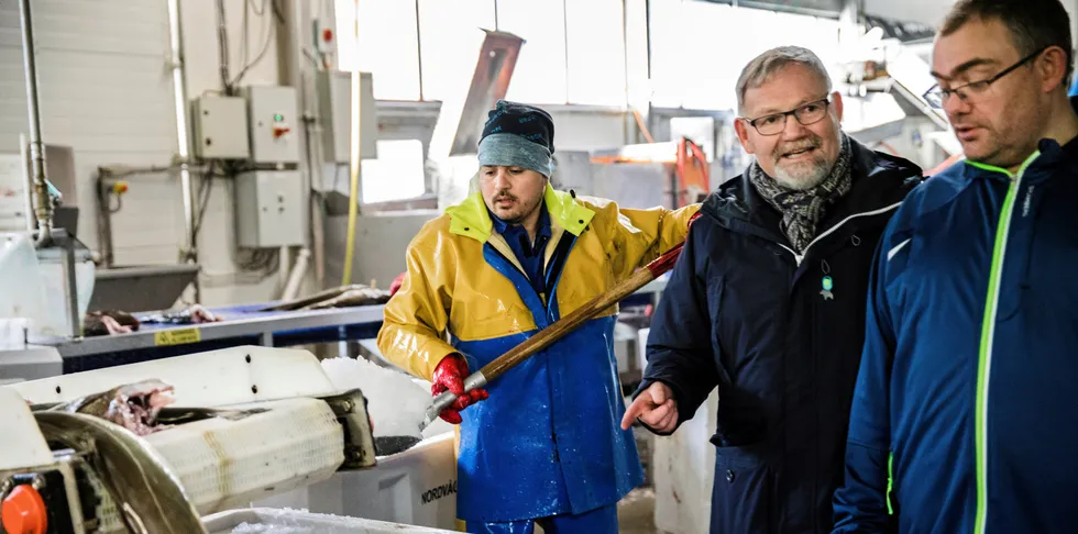 Styreleder og hovedaksjonær i Norfra-konsernet, Steinar Eliassen (i midten), mener Fiskarlaget lukker øynene for kriminalitet i fiskerinæringa. Her sammen med Odd Magne Nylund og Ali Mohammidi, som jobber ved konsernets mottak i Nordvågen.