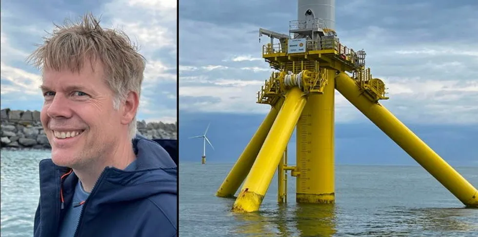 Pål Coldevin er tidligere direktør i Equinors fornybarsatsing, nå direktør i RWE Renewables for havvindutvikling i Norden, Polen og Baltikum. Til venstre er et av det tyske energikonsernets flytende konsepter, Tetraspar, et alternativ til Equinors Hywind som nå testes utenfor Karmøy.