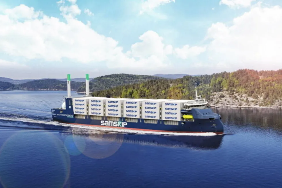 Projection of Samskip SeaShuttle hydrogen-powered vessel.