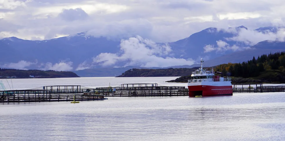 Matproduksjon på lakselokaliteten «Hestholmen N» i Fugløyfjorden i Gildeskål. Den tilhører selskapet Nova Sea.