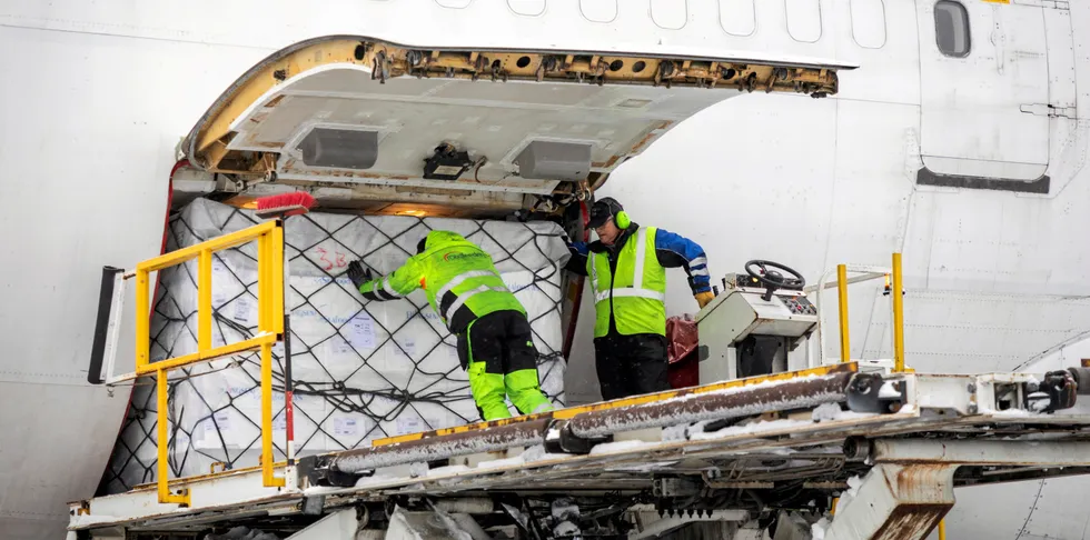 Yngve Ramberg Skaug gir den siste av 14 paller med norsk laks et siste dytt inn i jumbojeten som skal fly til Kina med. Flytransport av fisk er ikke framtidsrettet i et klimaperspektiv, mener skribenten.