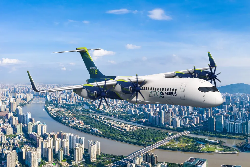 A computer-generated mock-up of the fuel-cell single-aisle airplane