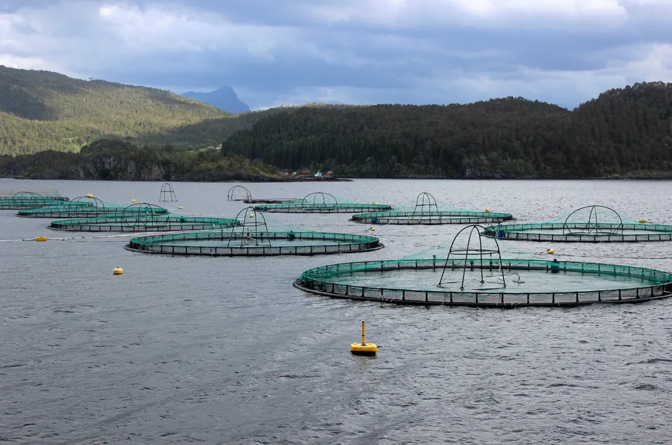 Steinvik fiskefarm sin lokalitet Kalvelandet utenfor Florø i Sogn og Fjordane, fotografert i 2019.