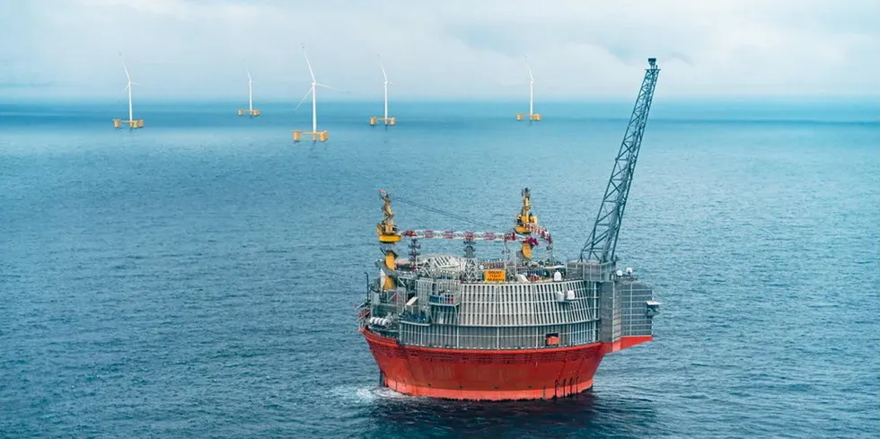 Rendition of what Norway's GoliatWIND project will look like when integrated with oil installations in in the Barents Sea.