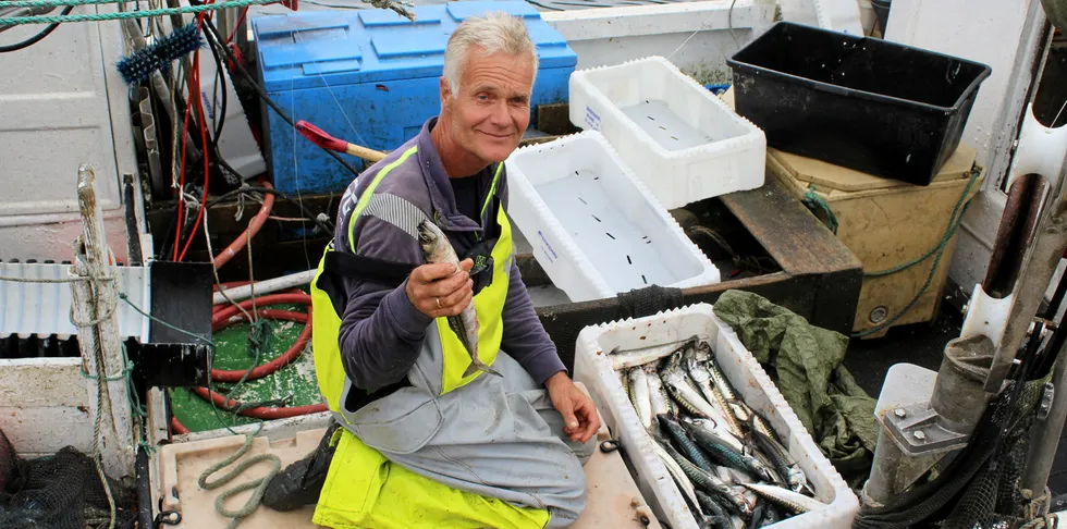 Kystfisker Sverre Gunnar Syvertsen på «Strandbuen» av Mandal tar dorgefangster i Ryvingen-området.