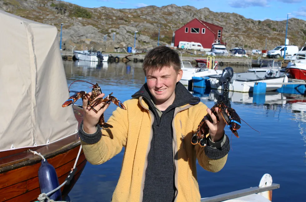 Fisket etter hummer i sør gir nå mindre fangster, her viser Ludvig Kristensen en fin hummer fisket ved Korshamn i Lyngdal ved en tidligere anledning.