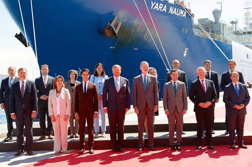 Attendees of the signing ceremony at the Port of Algeciras included Spanish energy minister Teresa Ribera (front row, second from left); the kings of the Netherlands and Spain (front row, fourth and fifth from left), and Cepsa CEO Maarten Wetselaar (front row, second from right).