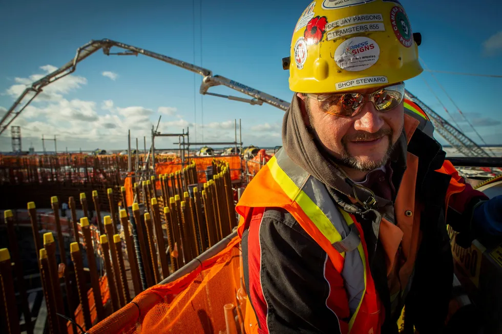 All systems go: a man works on the concrete wellhead platform for Cenovus Energy’s now revived West White Rose project at Argentia in Newfoundland, Canada in late 2019, just before activities were suspended for two years
