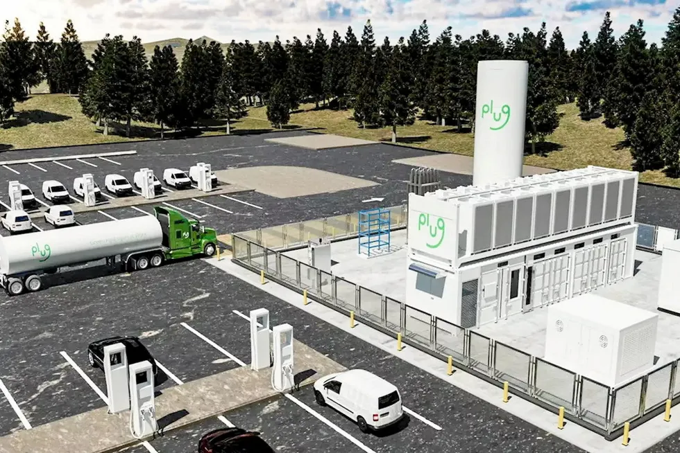 A rendering of a Plug Power off-grid hydrogen-powered EV charging facility.