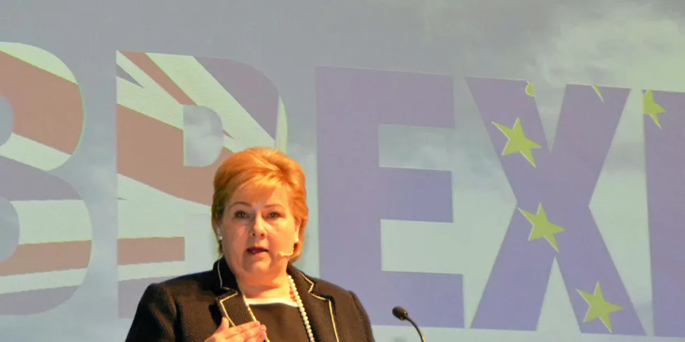 MÅ FORENKLES: Erna Solberg sa på Sjømat Norges årskonferanse at hun håper på et enklere og mer fleksibelt kvotesystem. Statsministeren var også innom brexit og beroliget med at Norge har fått på plass gode løsninger med Storbritannia.