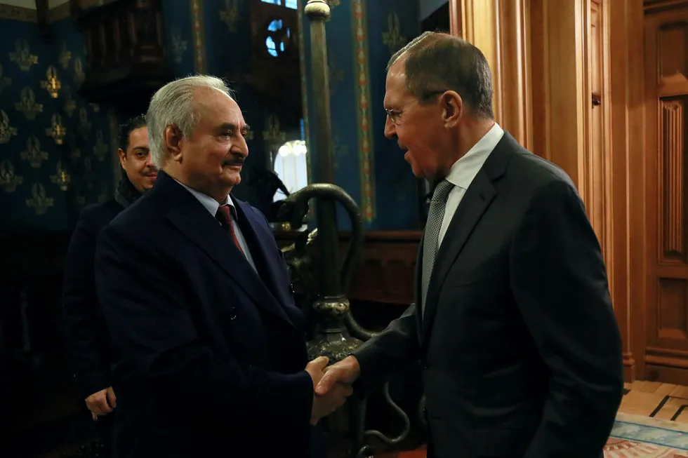 Deadlock: Commander of the Libyan National Army Khalifa Haftar shakes hands with Russian Foreign Minister Sergei Lavrov before the fruitless talks in Moscow