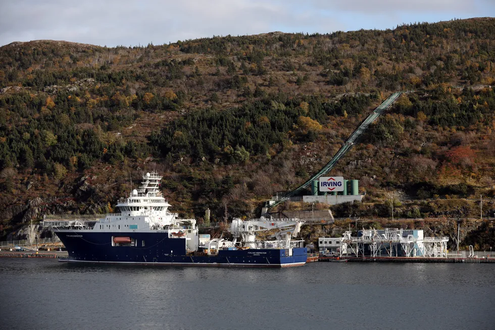 Acreage call: the Forland Inspector offshore supply ship seen at Irving Oil's marine terminal in St John's, Newfoundland, Canada in 2018