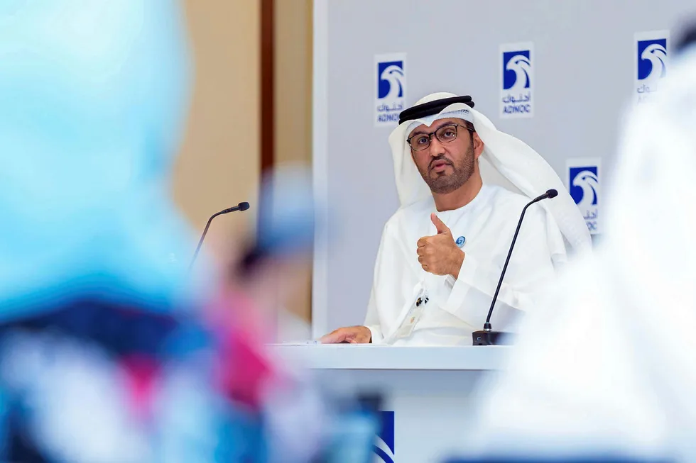 Expectations: Adnoc chief executive Sultan al-Jaber at the launch of Abu Dhabi's first oil and gas blocks licensing round