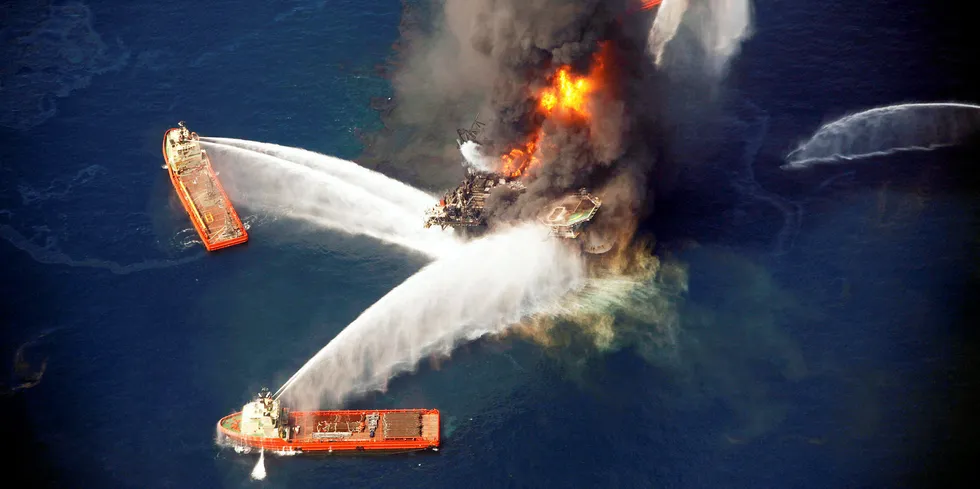 Transocean's Deepwater Horizon drilling rig burns in the Gulf of Mexico following the explosion in 2010 at the BP-operated Macondo prospect that caused the worst offshore oil spill in US history