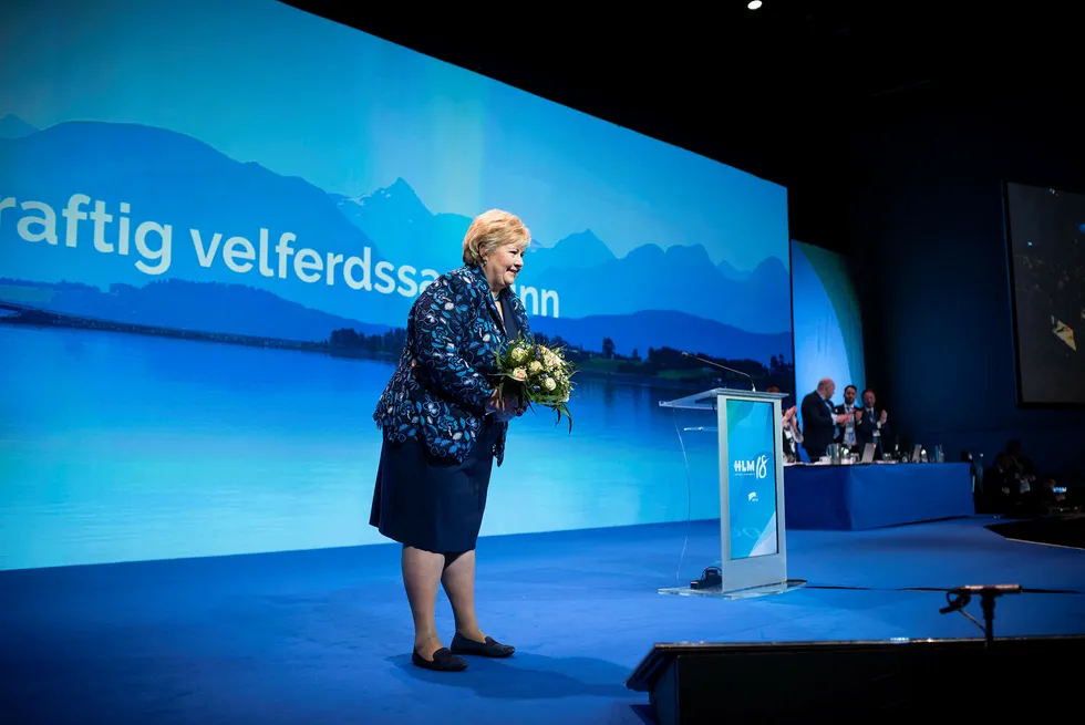 Statsminister Erna Solberg på Høyres landsmøte. Foto: Skjalg Bøhmer Vold