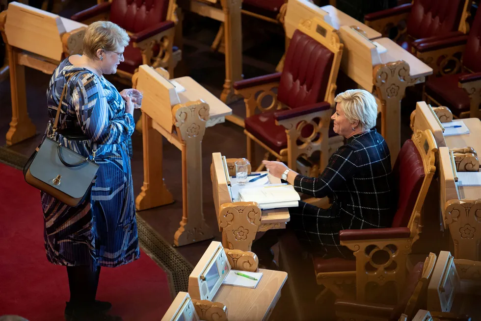 Finansminister Siv Jensen og Kultur- og likestillingsministeren Trine Skei Grande før fremleggelsen av statsbudsjettet for 2020.